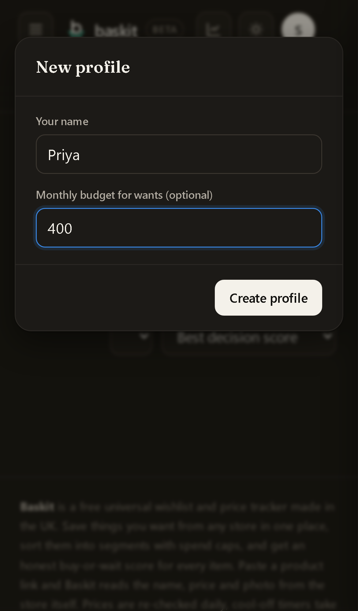 Setting up a basket with a name and a monthly budget
