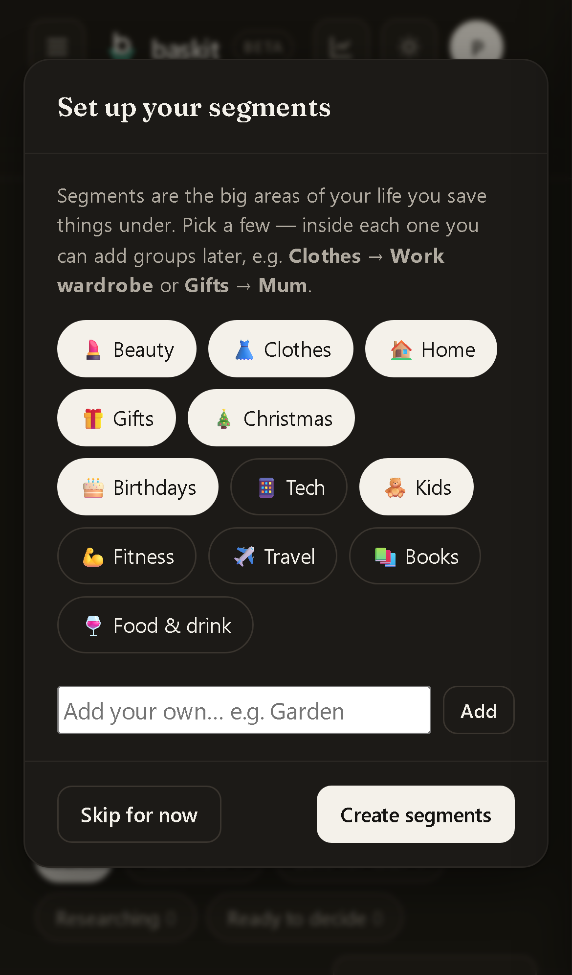 Choosing what you are planning for: Christmas, birthdays, kids