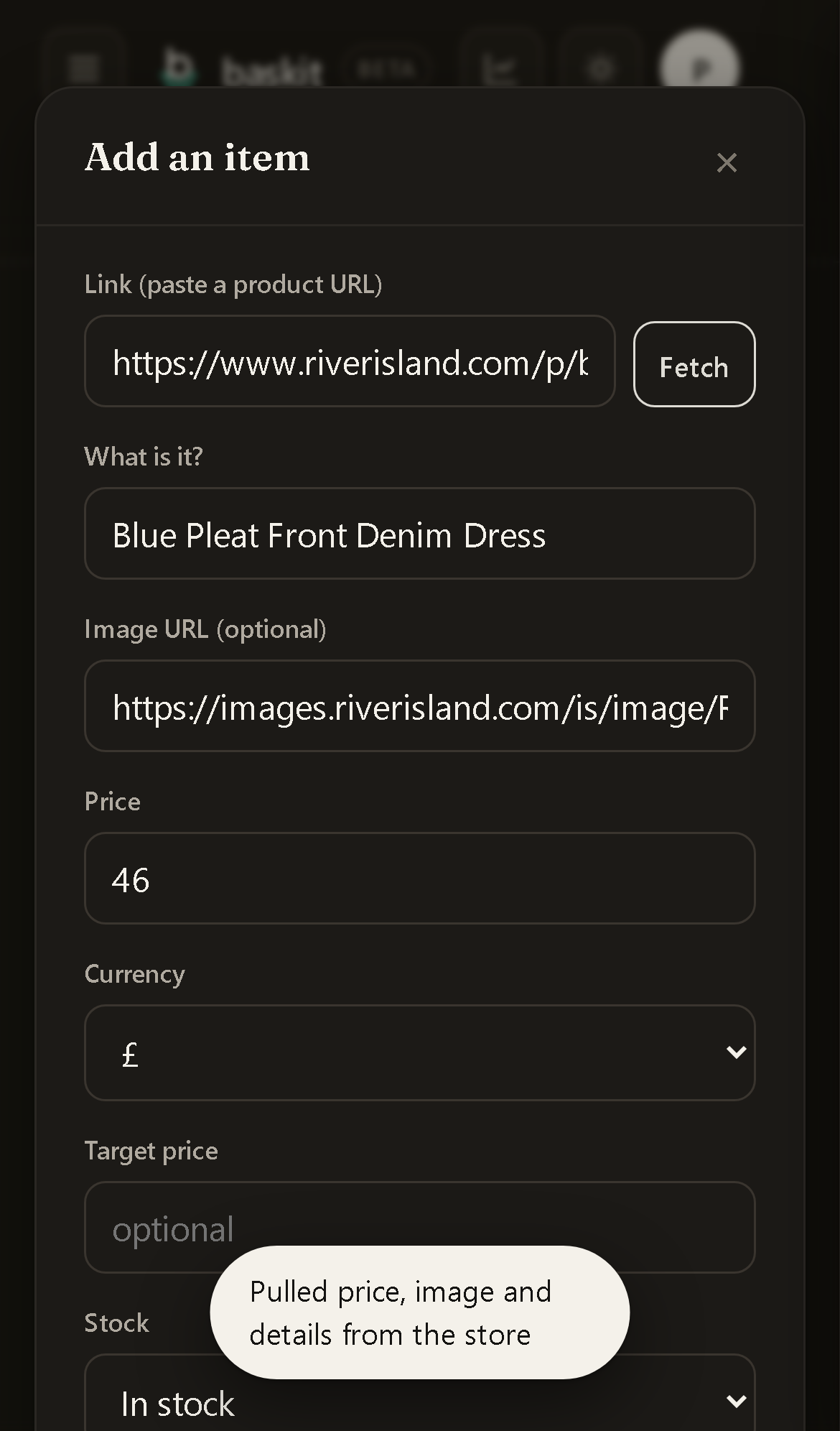 Pasting a product link and Baskit filling in the price, image and stock