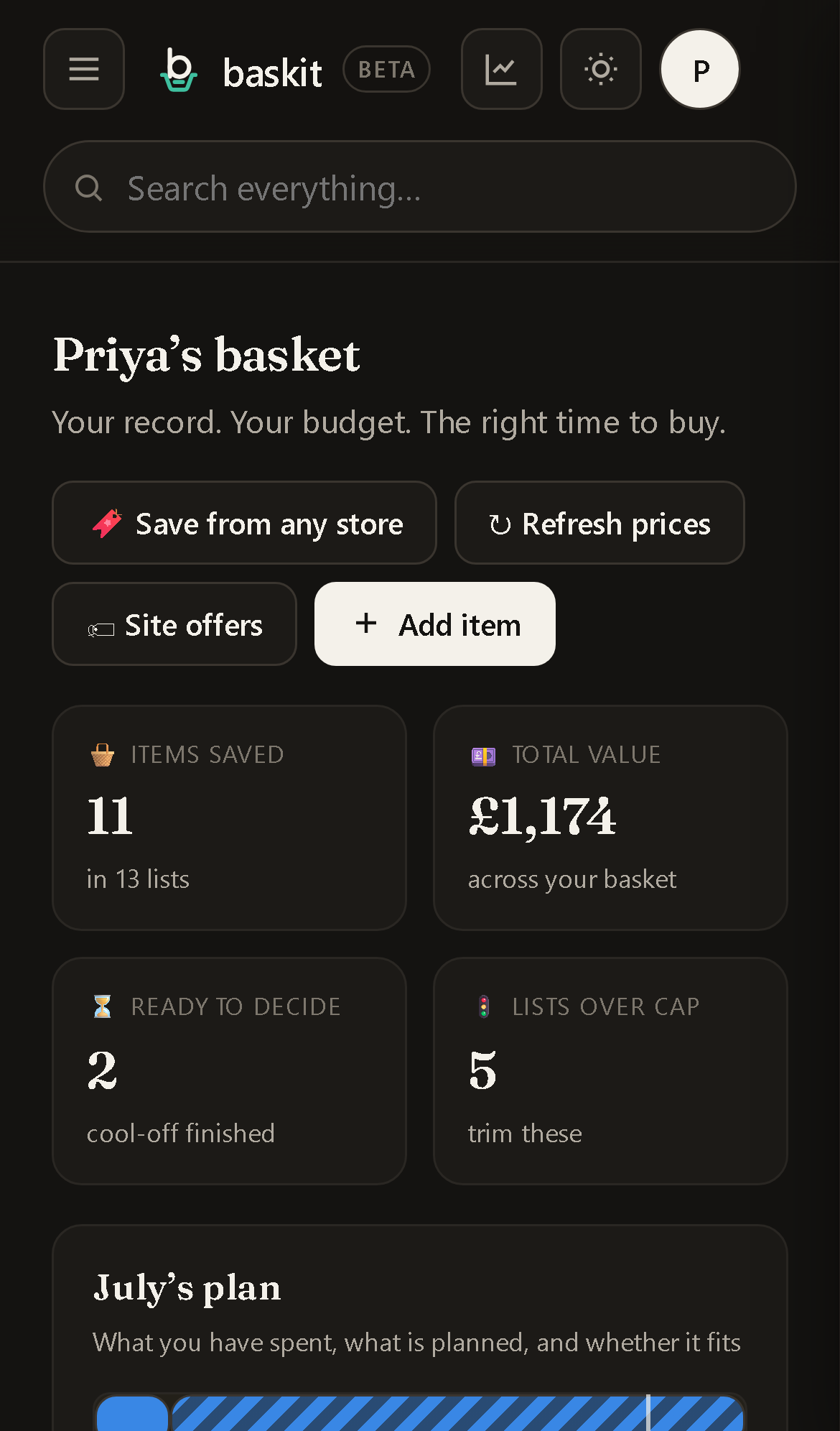 The basket dashboard with totals